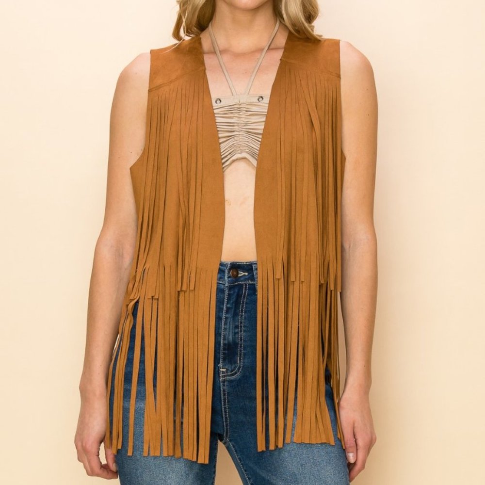 new VOCAL faux suede fringe western boho camel WOODSTOCK HIPPIE VEST (3-colors)